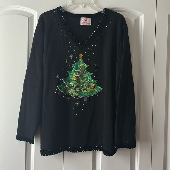 Quacker Factory Women's Black XL Christmas sweater with sequined tree - Picture 1 of 5